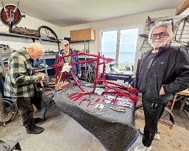 1915 Indian V-Twin 2025-05-24 7 Pat, Walter, and Dick (L to R) assembling the frame and forks.