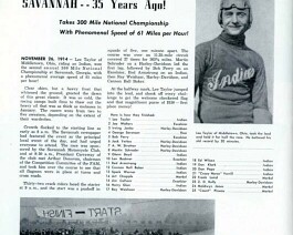 An article in American Motorcycling looking back at Taylor's biggest victory - his win at the 1914 Savannah F.A.M. 300-Mile National Road Race.